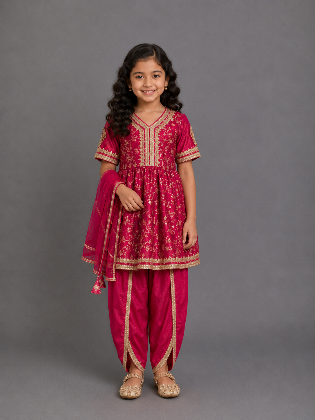 Fuschia pink chanderi frock style dhoti set
