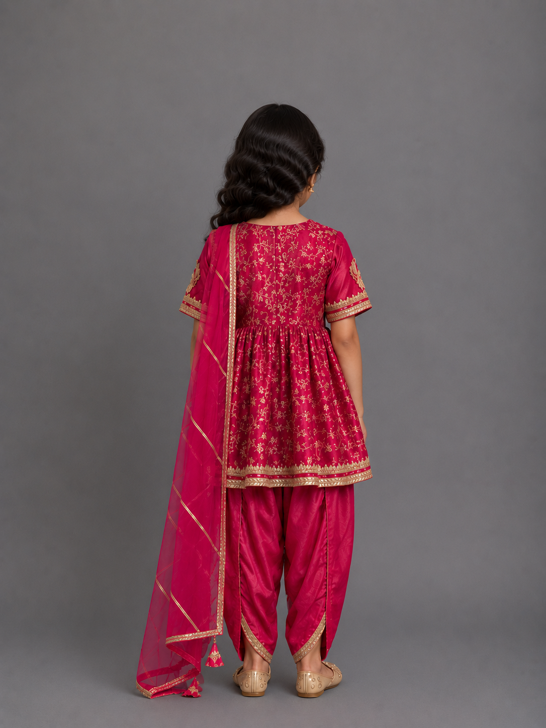Fuschia pink chanderi frock style dhoti set