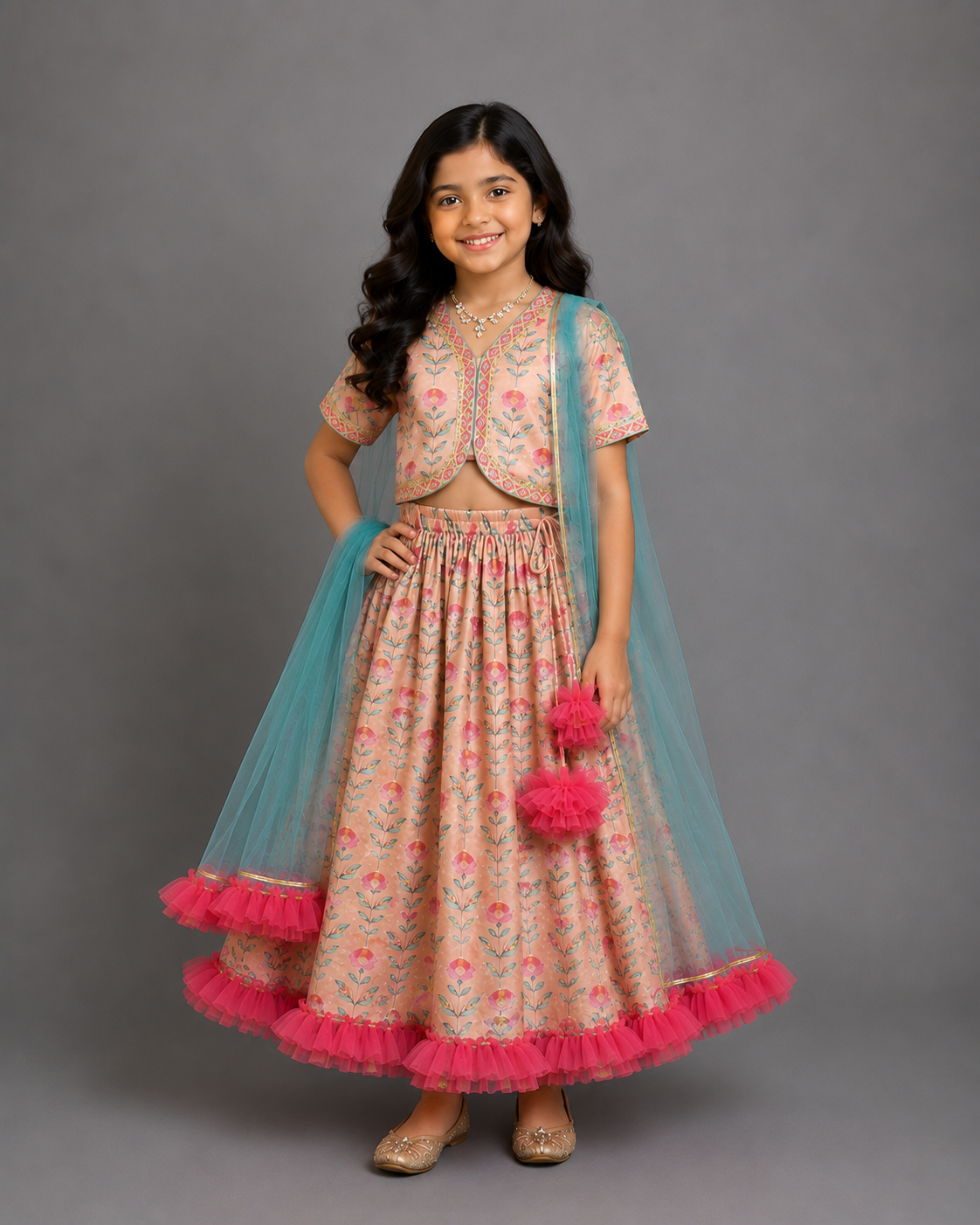 Peach printed Floral Printed Crop Top With Lehenga And Net Dupatta