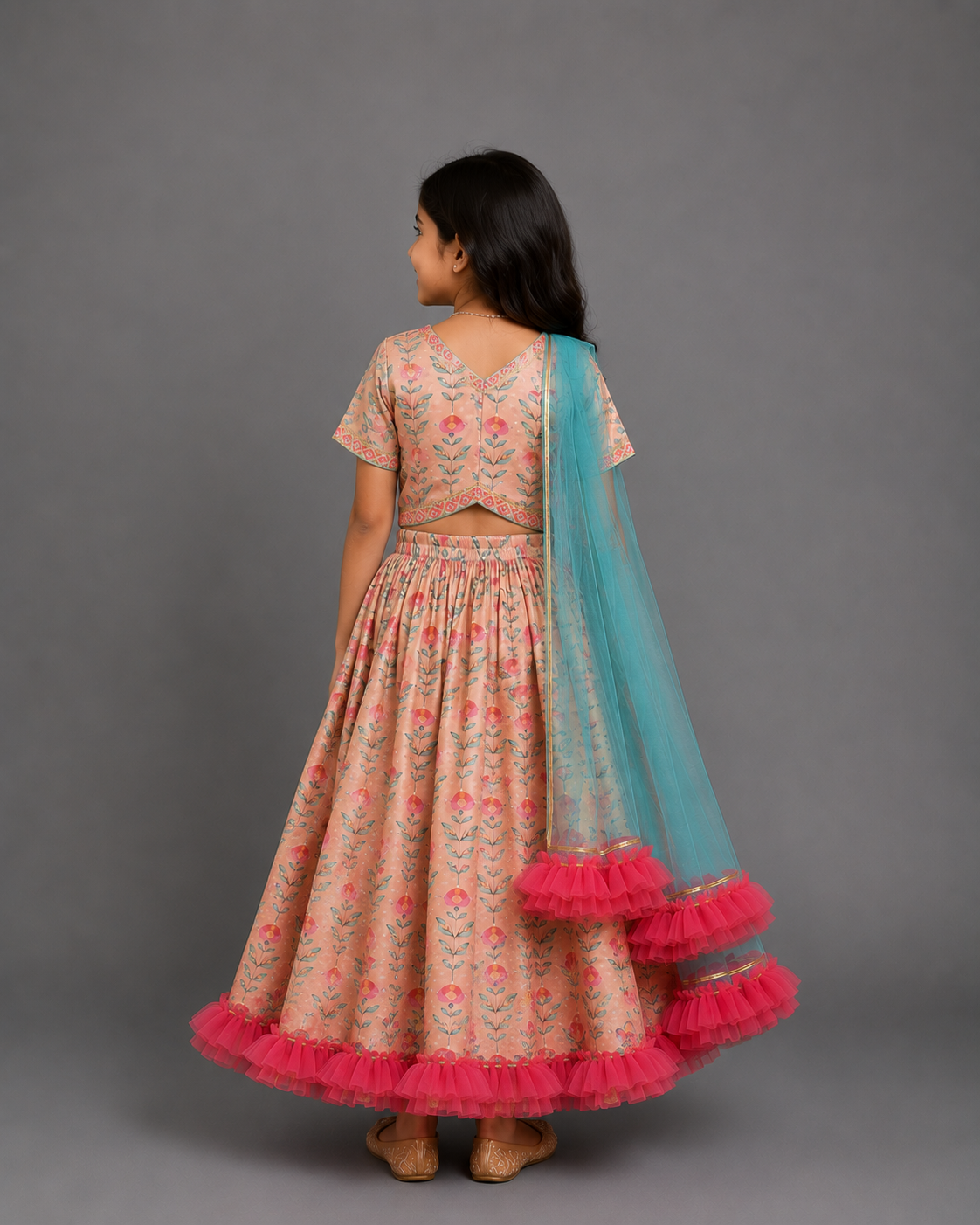 Peach printed Floral Printed Crop Top With Lehenga And Net Dupatta