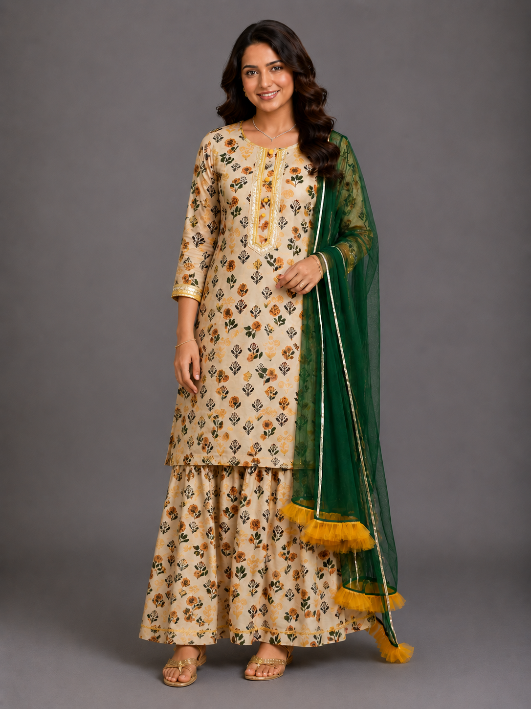 Marigold floral print sharara set