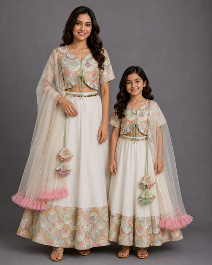 Off White Scallop Embroidery Blouse Lehnga Set