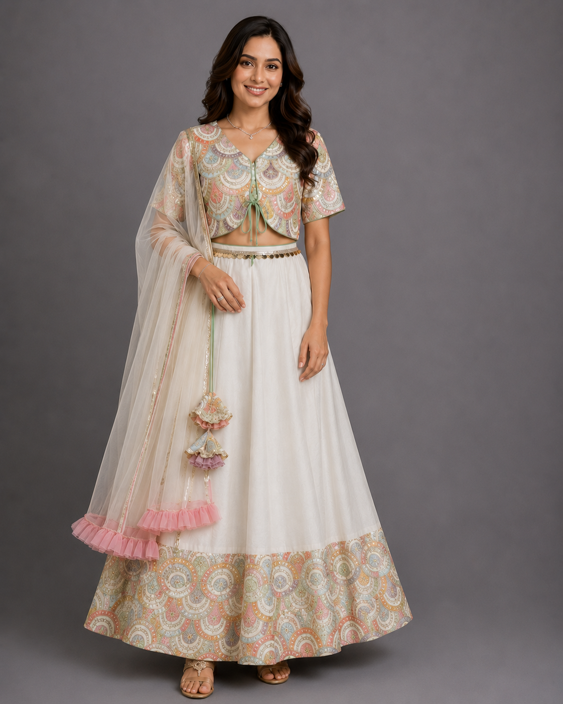 Off White Scallop Embroidery Blouse Lehnga Set