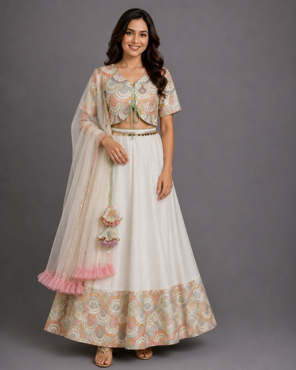 Off White Scallop Embroidery Blouse Lehnga Set