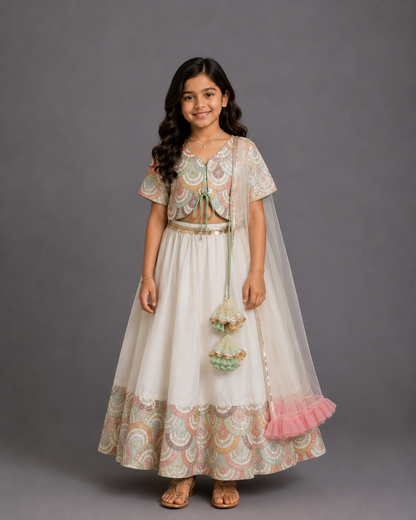Off White Scallop Embroidery Blouse Lehnga Set