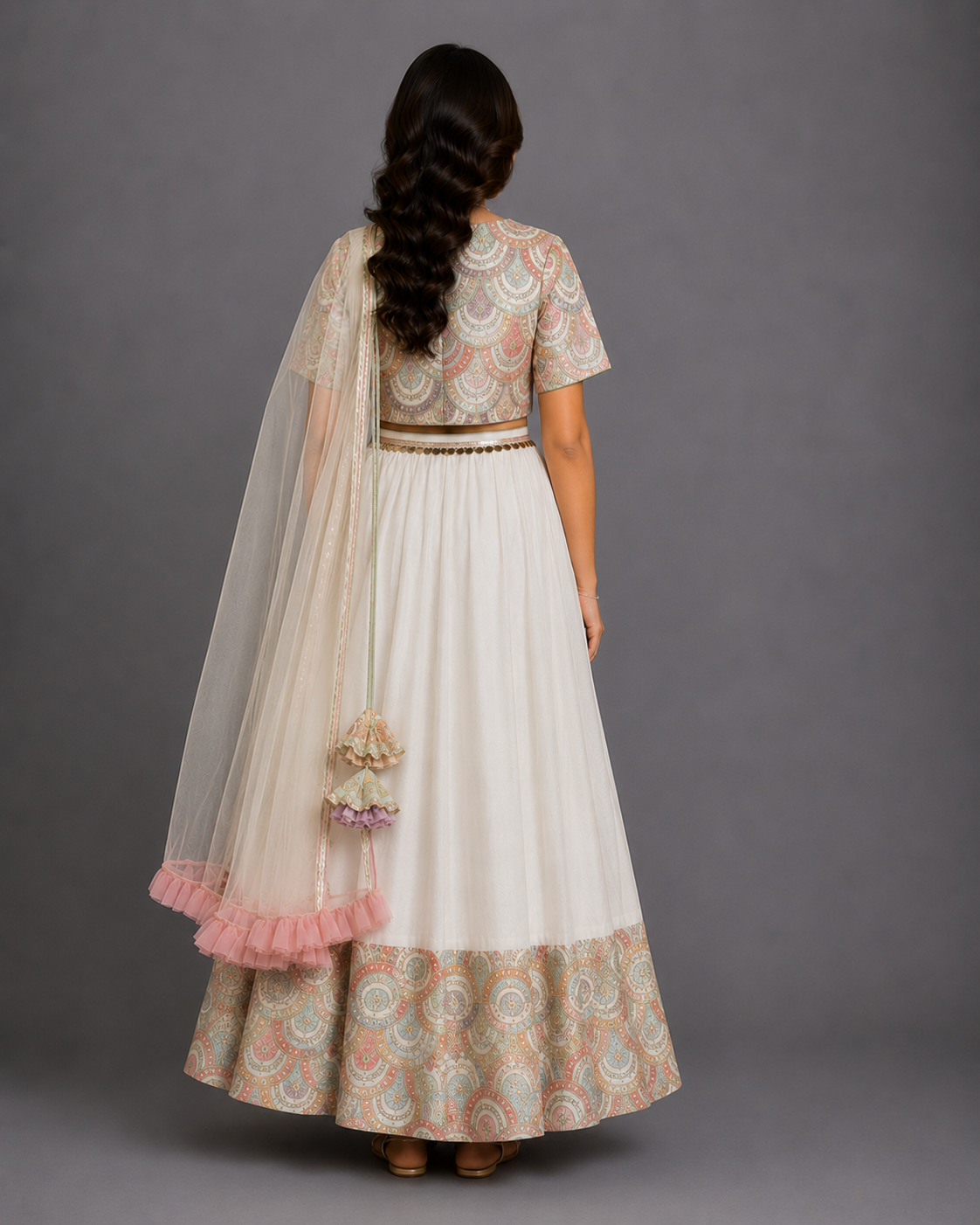 Off White Scallop Embroidery Blouse Lehnga Set