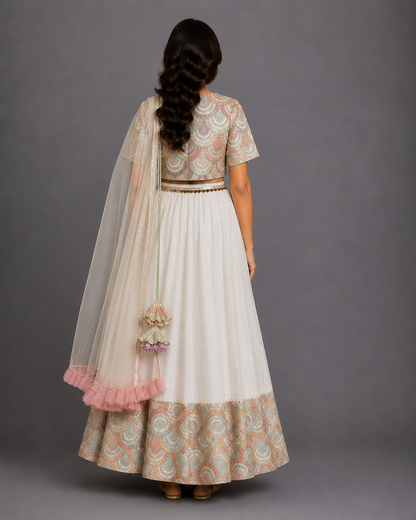 Off White Scallop Embroidery Blouse Lehnga Set