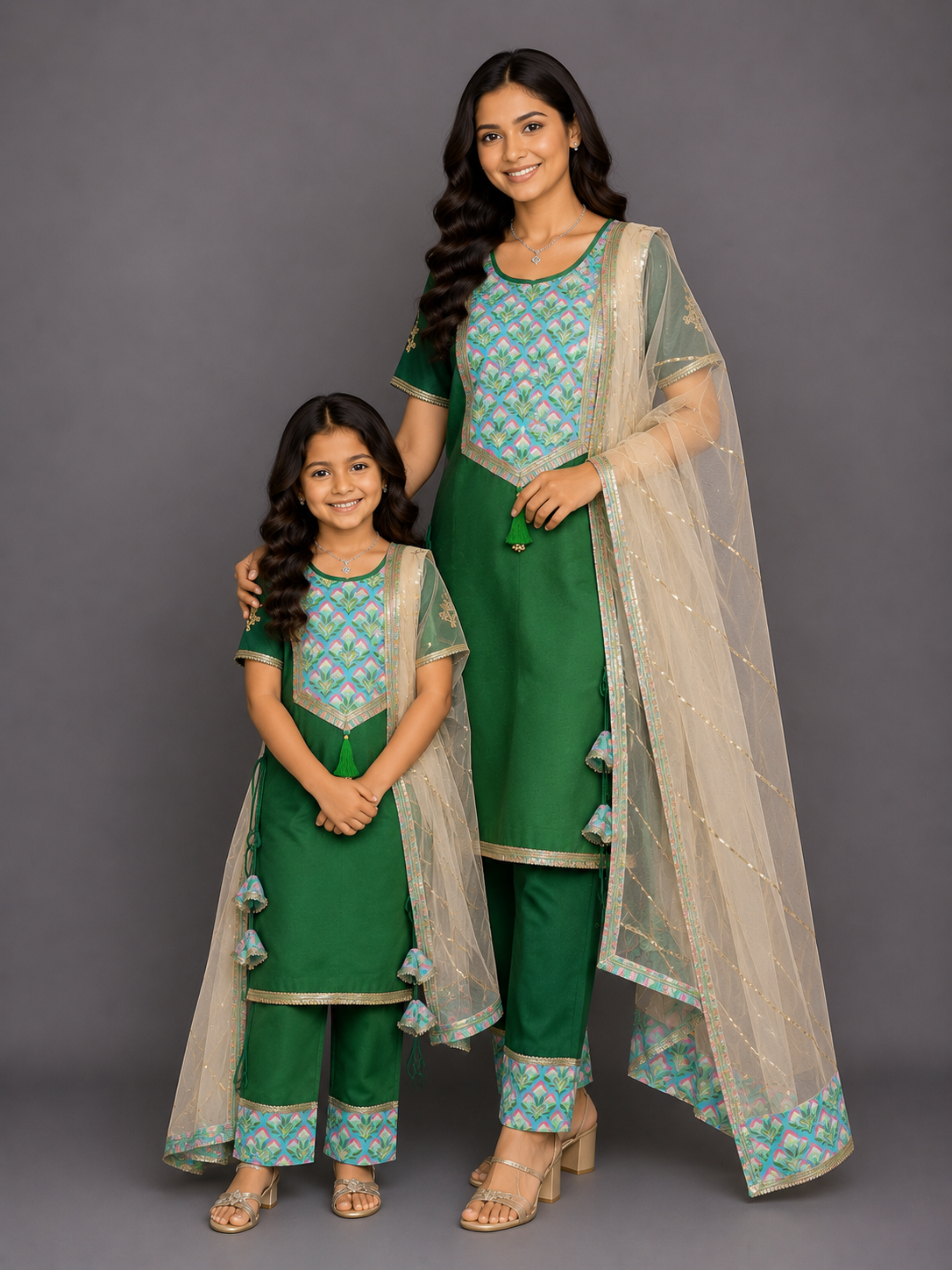 Color blocking green A-line kurta set