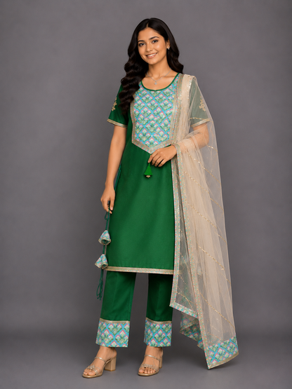 Color blocking green A-line kurta set