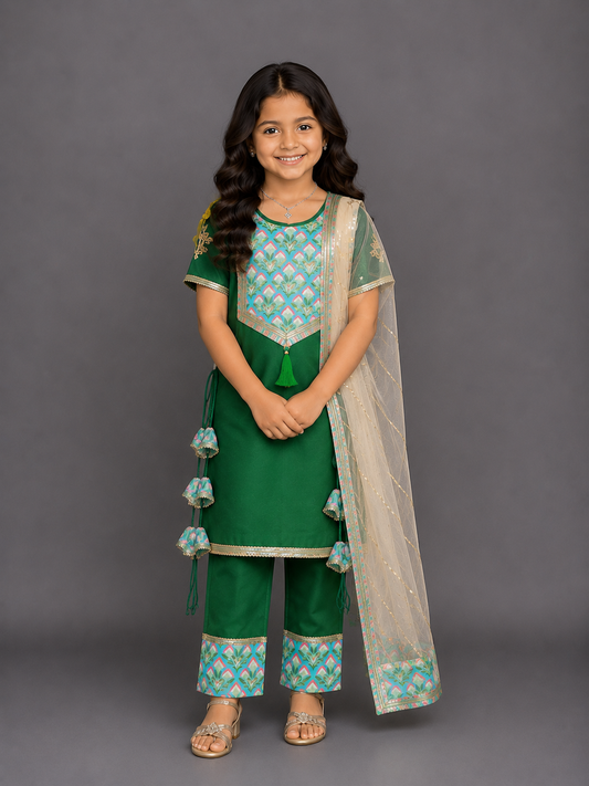 Color blocking green A-line kurta set