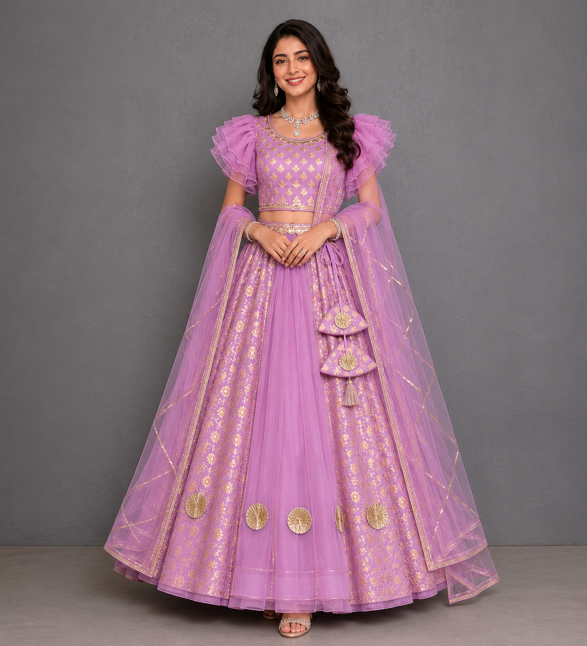 Lavendar Chanderi Frill Lehnga set