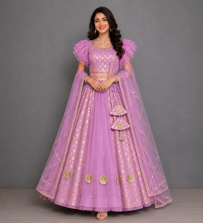 Lavendar Chanderi Frill Lehnga set