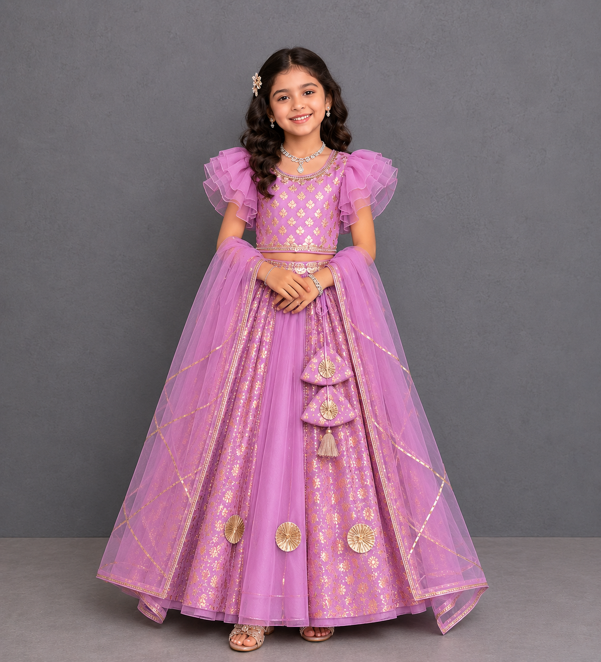 Lavendar Chanderi Frill Lehnga set