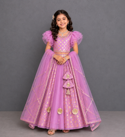 Lavendar Chanderi Frill Lehnga set