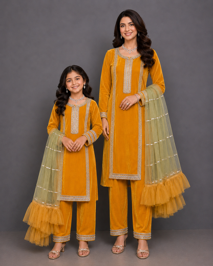 Yellow velvet kurta set