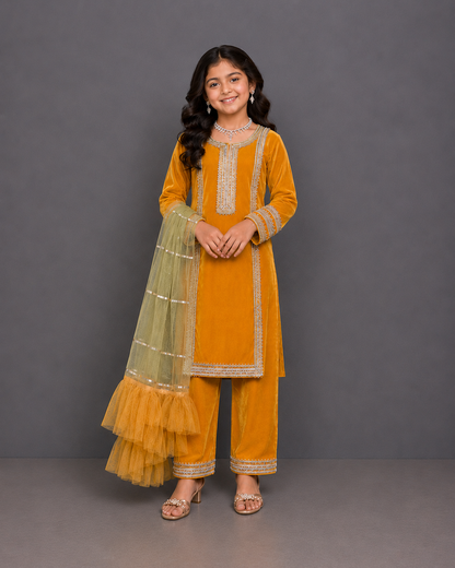 Yellow velvet kurta set