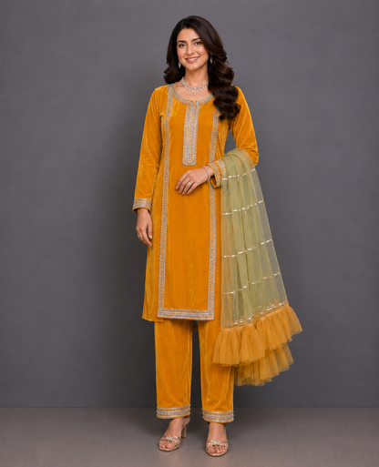 Yellow velvet kurta set