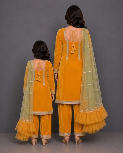 Yellow velvet kurta set