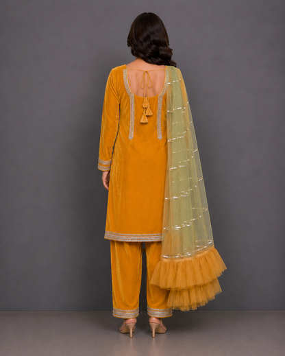 Yellow velvet kurta set