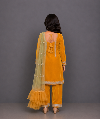 Yellow velvet kurta set
