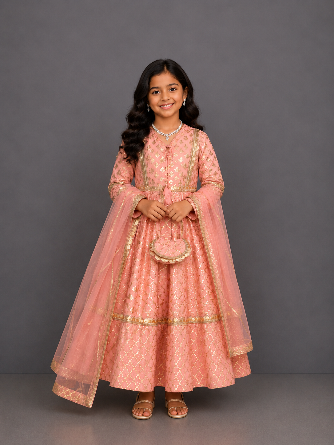 Peach chanderi anarkali set