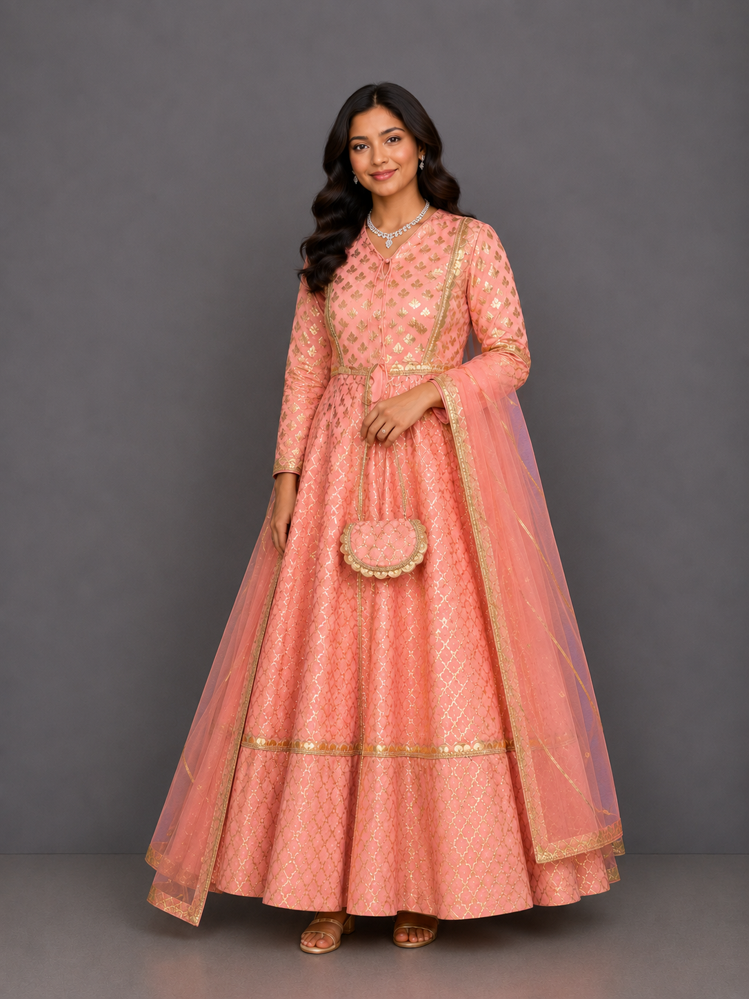 Peach chanderi anarkali set