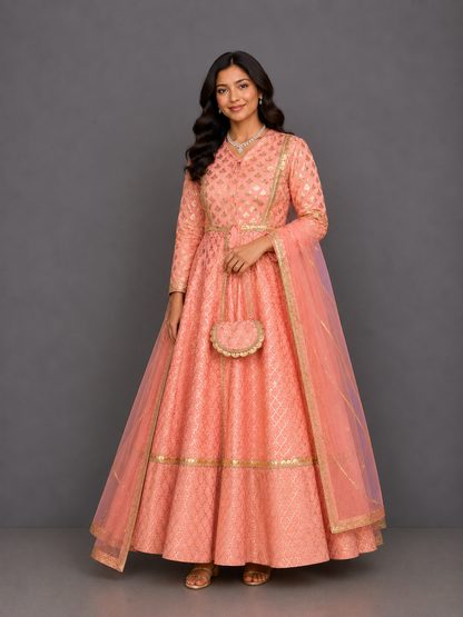 Peach chanderi anarkali set