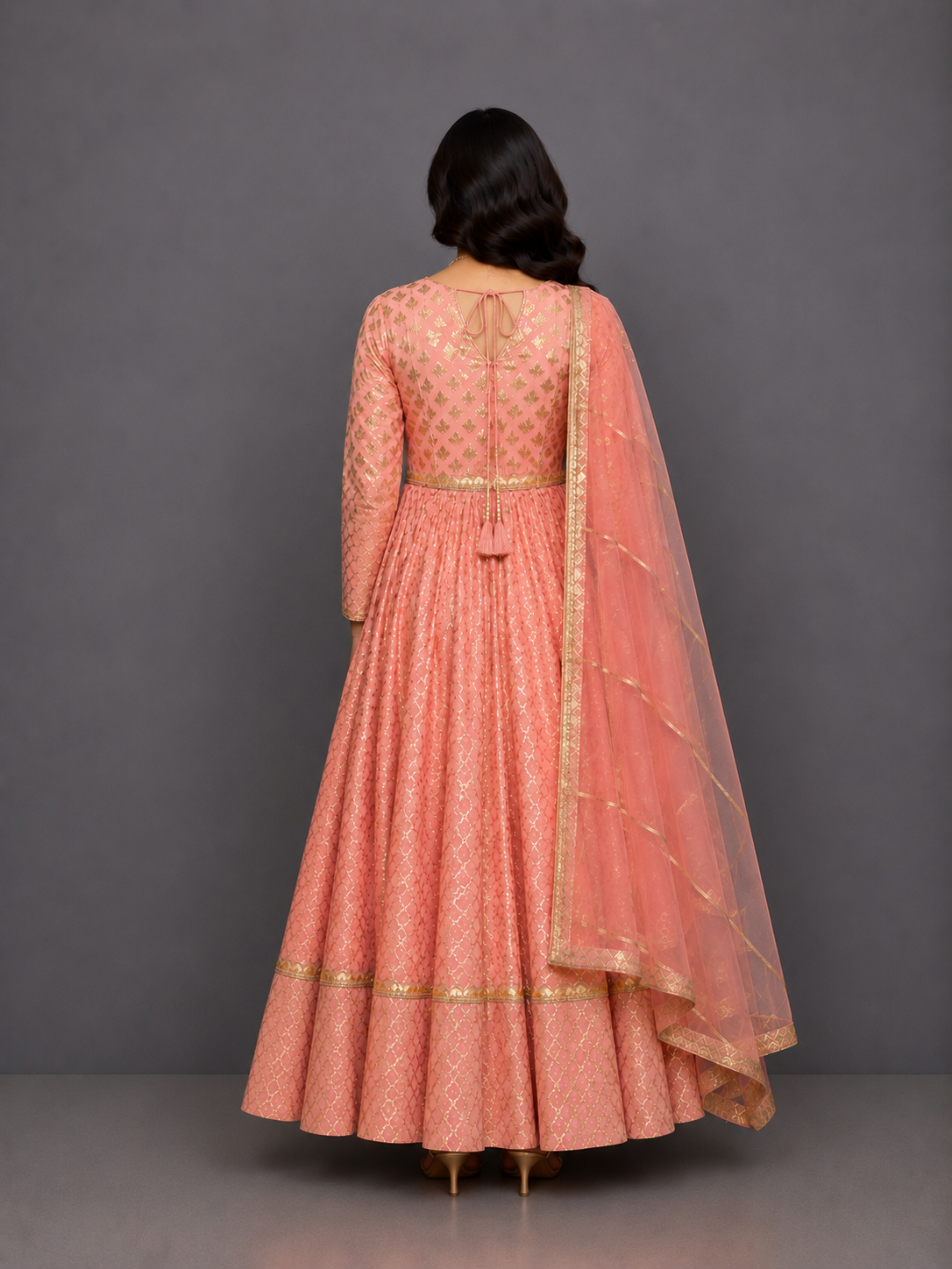 Peach chanderi anarkali set