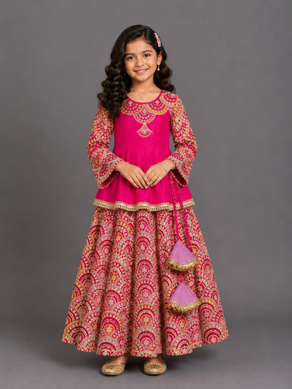 Fuschia Pink Embroidery Peplum  Lehenga  set