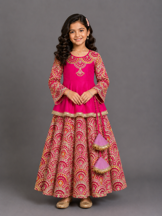 Fuschia Pink Embroidery Peplum  Lehenga  set