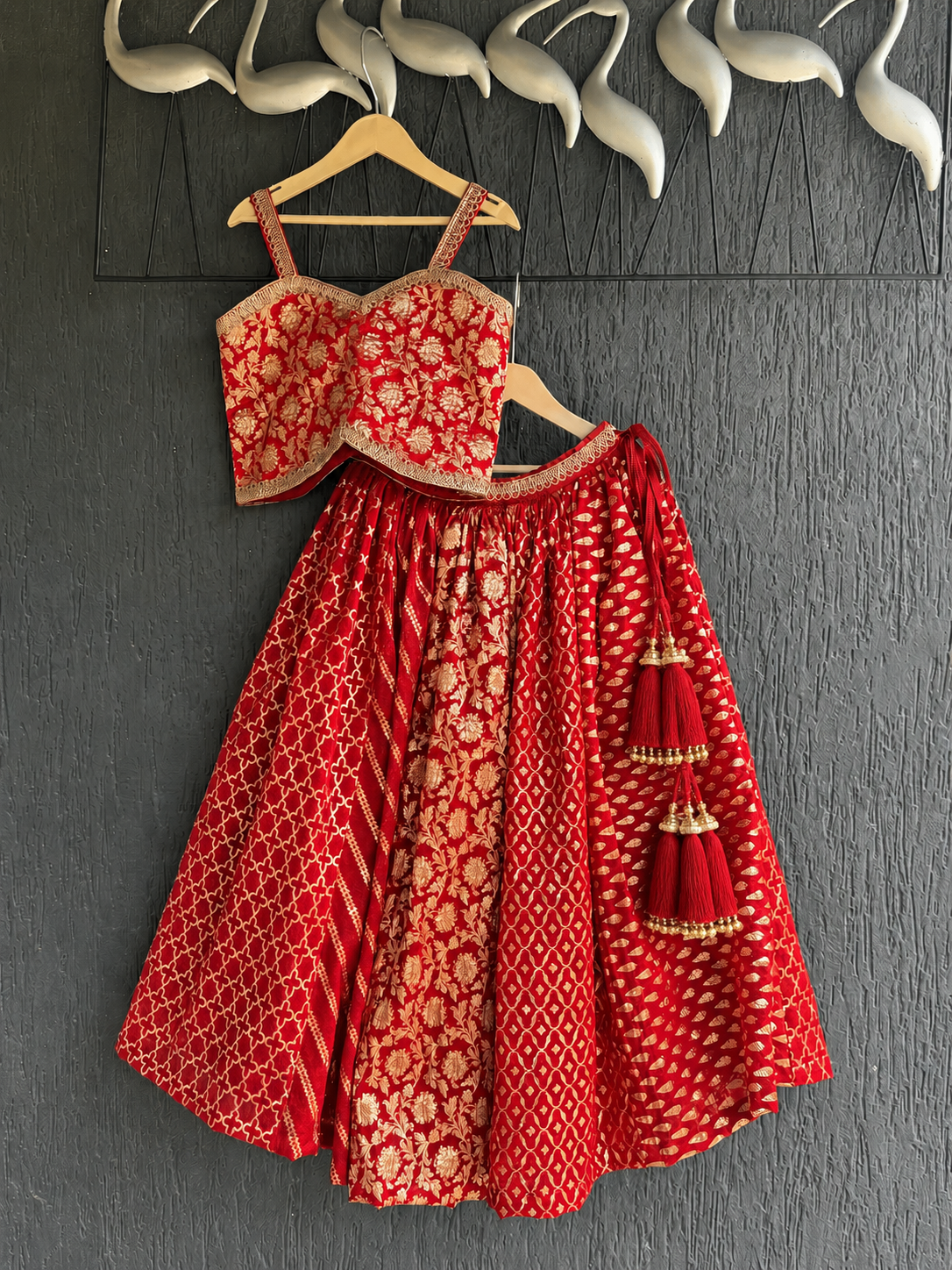Red Chanderi Strap Lehenga Set
