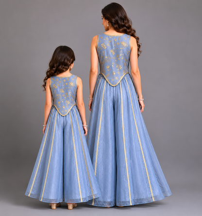Powder Blue Embrodried Crop Top Pallazo Set