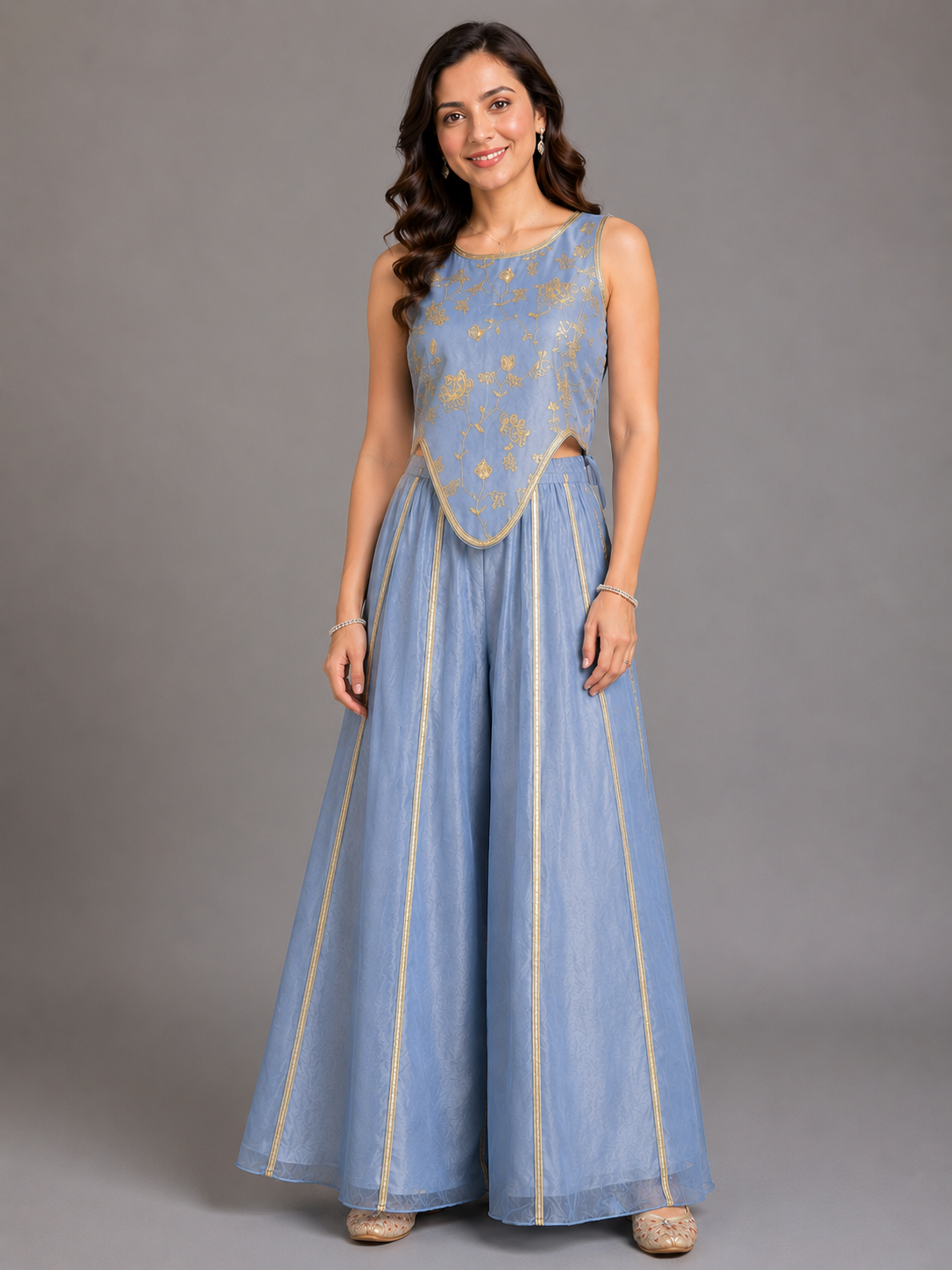 Powder Blue Embrodried Crop Top Pallazo Set