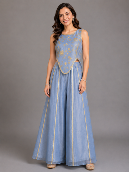 Powder Blue Embrodried Crop Top Pallazo Set