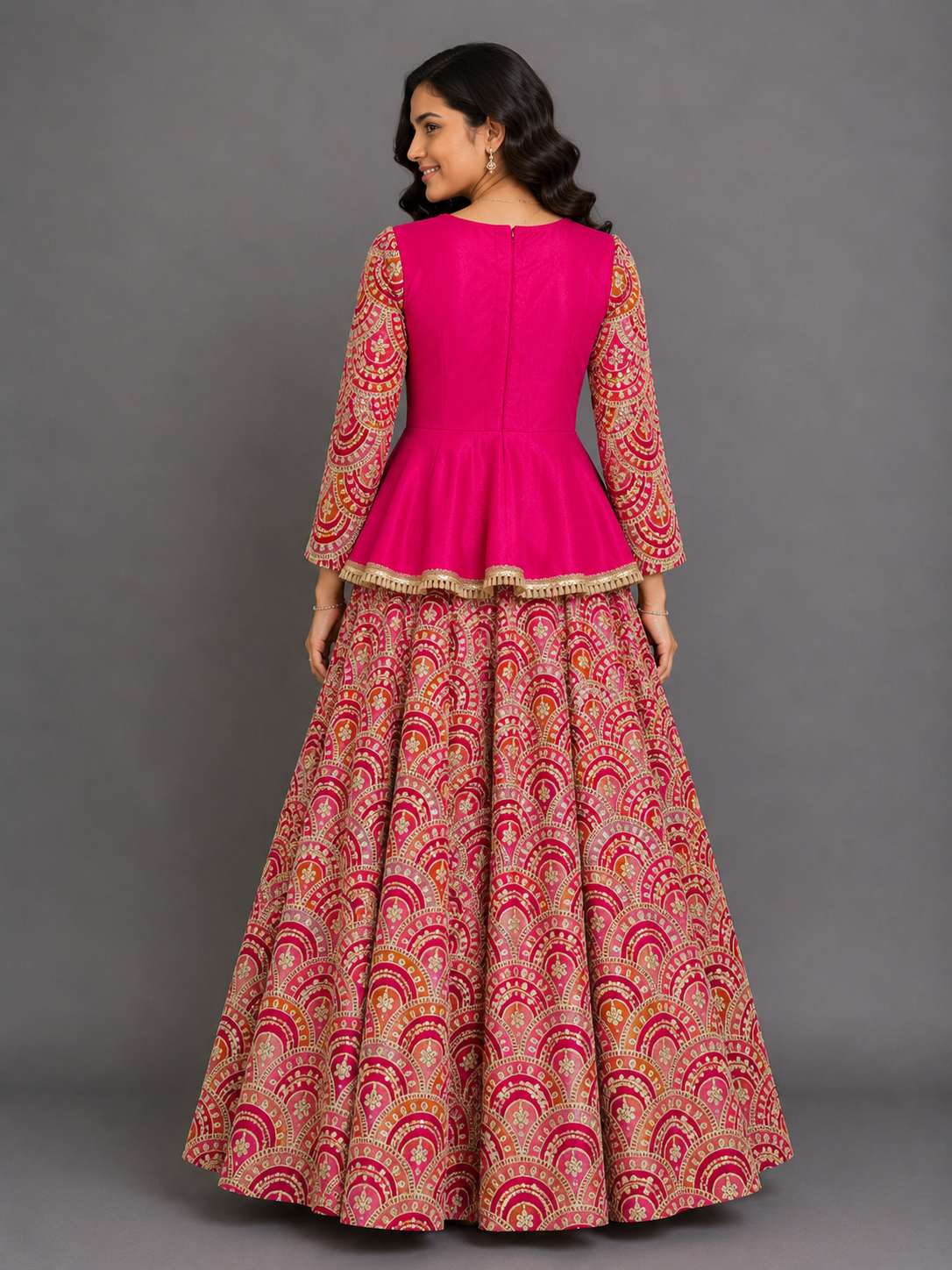 Fuschia Pink Embroidery Peplum  Lehenga  set