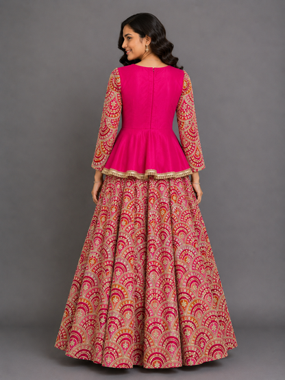 Fuschia Pink Embroidery Peplum  Lehenga  set
