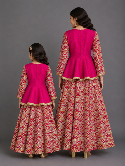 Fuschia Pink Embroidery Peplum  Lehenga  set