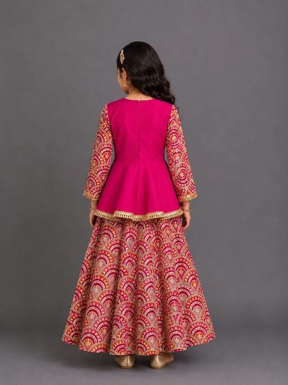 Fuschia Pink Embroidery Peplum  Lehenga  set