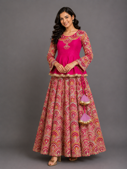 Fuschia Pink Embroidery Peplum  Lehenga  set