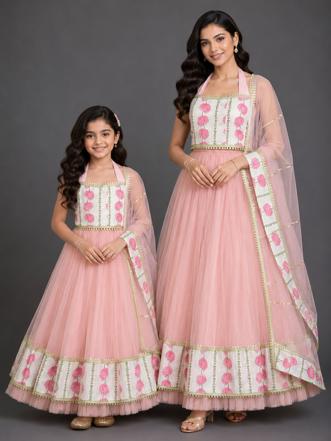 Blue Pink Carnation Floral Lehenga set