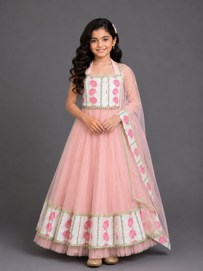 Blue Pink Carnation Floral Lehenga set