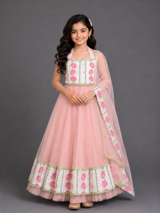 Blue Pink Carnation Floral Lehenga set