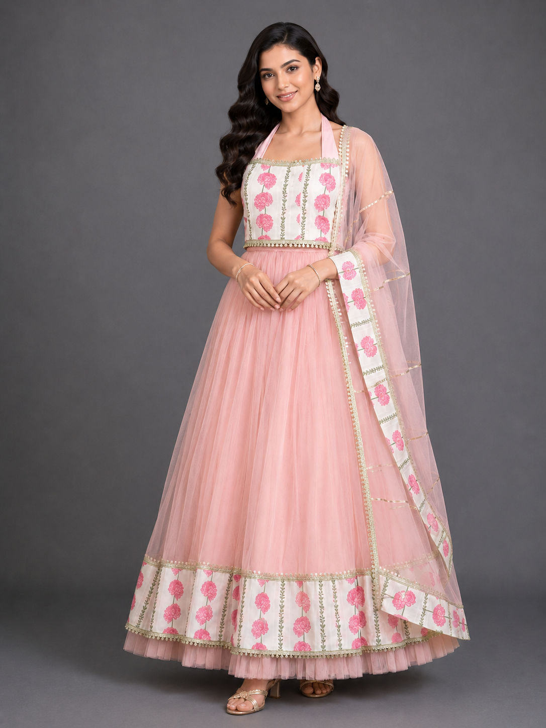 Blue Pink Carnation Floral Lehenga set