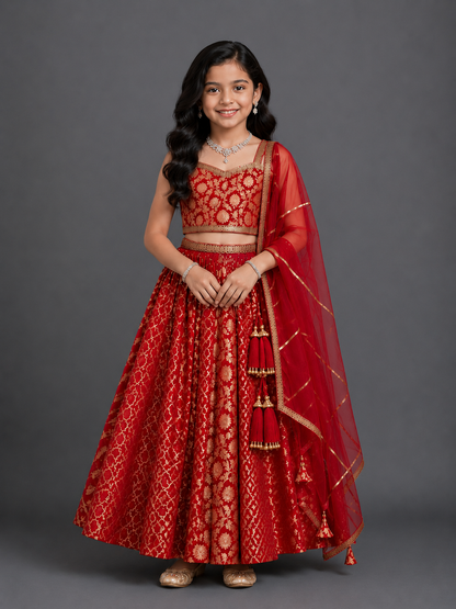 Red Chanderi Strap Lehenga Set
