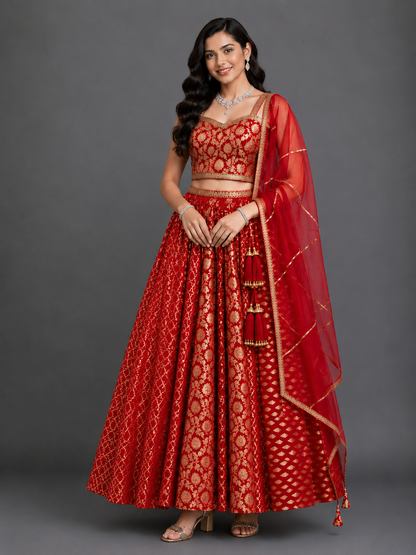 Red Chanderi Strap Lehenga Set