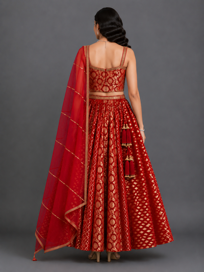 Red Chanderi Strap Lehenga Set