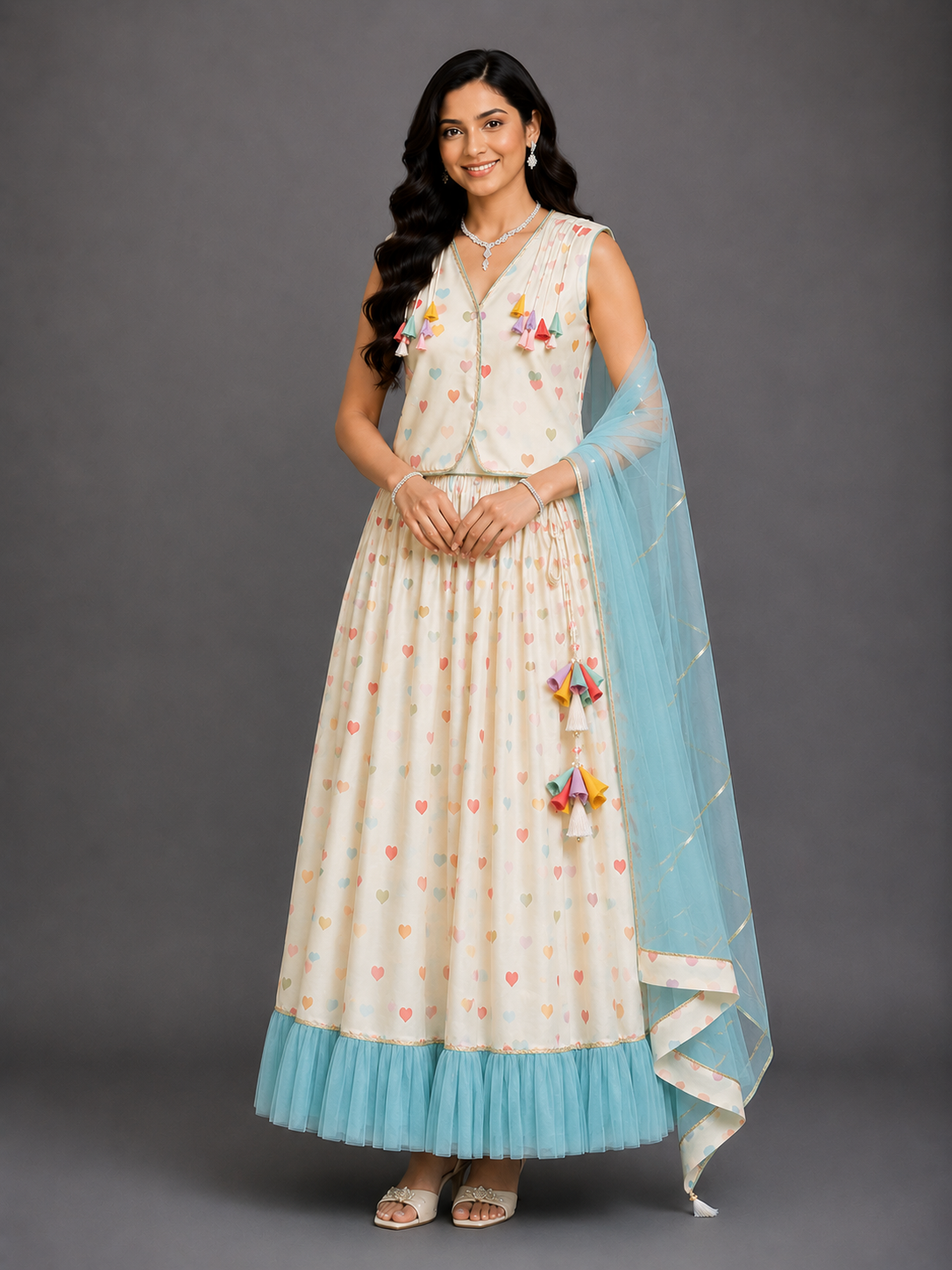 Offwhite Heart Print Lehenga Set