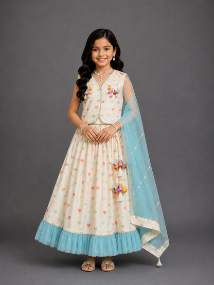 Offwhite Heart Print Lehenga Set