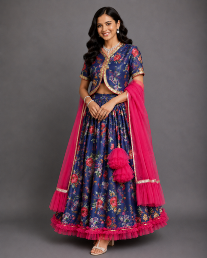 Purple Floral Printed Lehenga Set