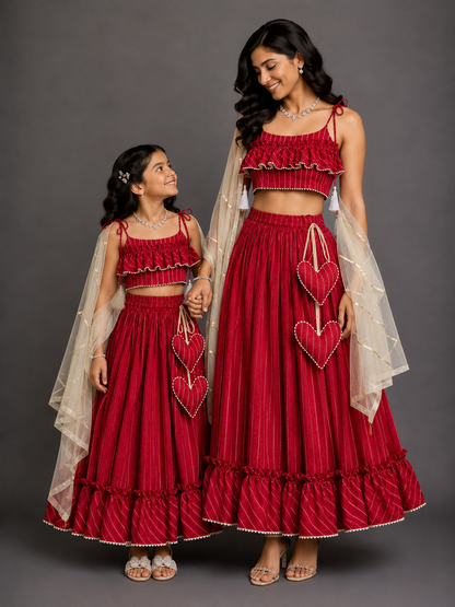 Deep Red Stripe Print Cotton Lehenga set